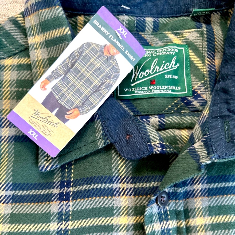 New Woolrich Brawny Flannel Button Shirt Green Plaid Blue - Picture 7 of 7